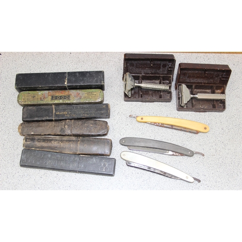 Qty of assorted vintage cut throat and safety razors etc
