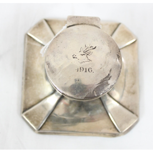 1009 - Silver inkwell with Stag head armorial crest, dated 1916, marked for Birmingham 1912 by S Blanckense... 