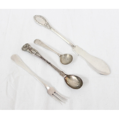 1013 - Silver mustard spoon, London 1920 by Goldsmith's & Silversmith's Company, a small silver pickle fork... 