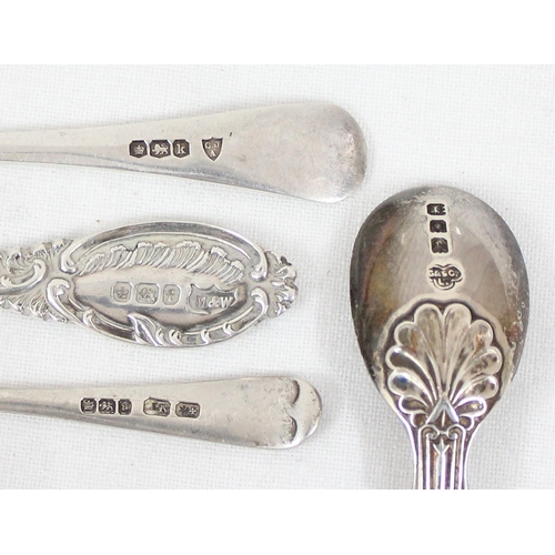 1013 - Silver mustard spoon, London 1920 by Goldsmith's & Silversmith's Company, a small silver pickle fork... 