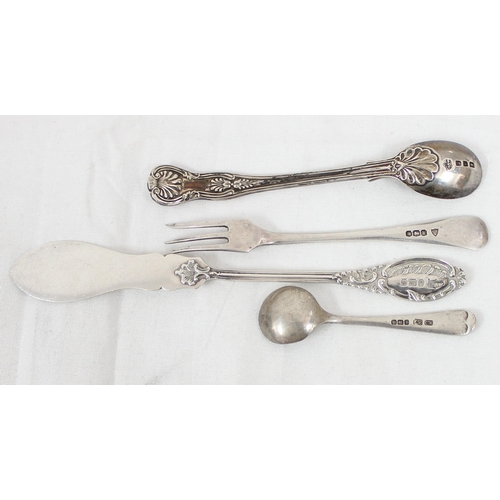 1013 - Silver mustard spoon, London 1920 by Goldsmith's & Silversmith's Company, a small silver pickle fork... 