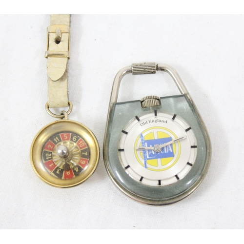 1304 - An unusual 1970's or 1980's Lancia cars advertising keyring watch and a small Italian made keyring r... 