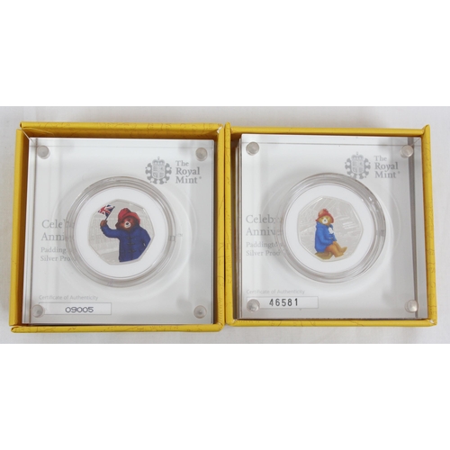 1205 - 2018 Royal Mint, 2 Paddington Bear silver proof 50p coins in limited edition displays with boxes and... 