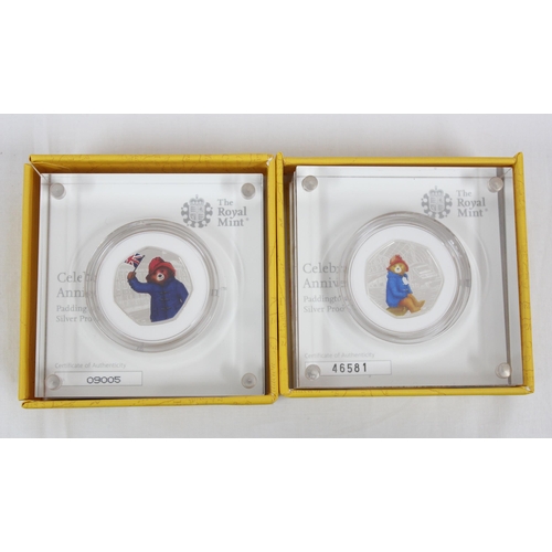 1205 - 2018 Royal Mint, 2 Paddington Bear silver proof 50p coins in limited edition displays with boxes and... 