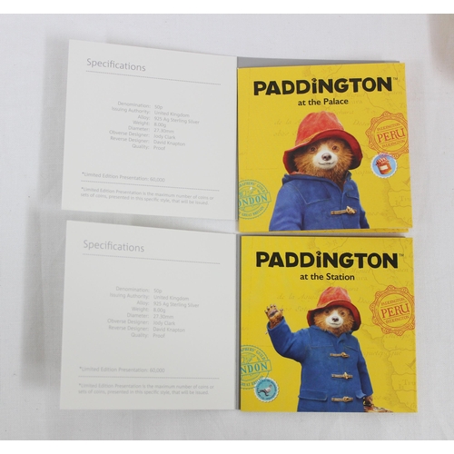 1205 - 2018 Royal Mint, 2 Paddington Bear silver proof 50p coins in limited edition displays with boxes and... 