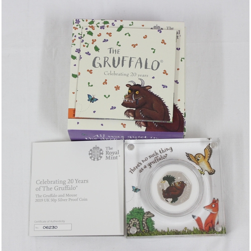 1207 - 2019 Royal Mint, 2 The Gruffalo silver proof 50p coins in limited edition displays with boxes and pa... 