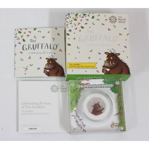 1207 - 2019 Royal Mint, 2 The Gruffalo silver proof 50p coins in limited edition displays with boxes and pa... 