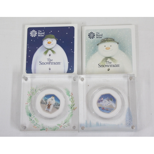 1208 - 2018 & 2019 Royal Mint, 2 The Snowman silver proof 50p coins in limited edition displays with boxes ... 