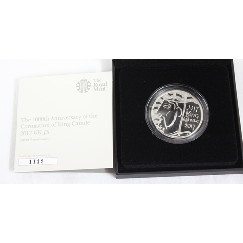 1209 - Royal Mint 2017 silver proof £5 coin, King Canute Viking Conqueror, English King, boxed with paperwo... 