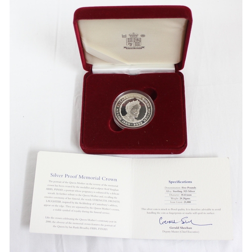 1212 - Royal Mint 2002 silver proof memorial crown coin, The Queen Mother, boxed with paperwork