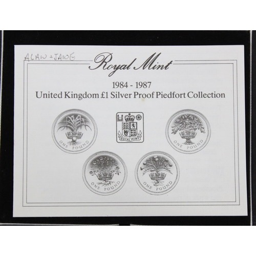 1214 - Royal Mint 1984-1987 United Kingdom £1 silver proof Piedfort Collection, 4 coin set in box with Roya... 