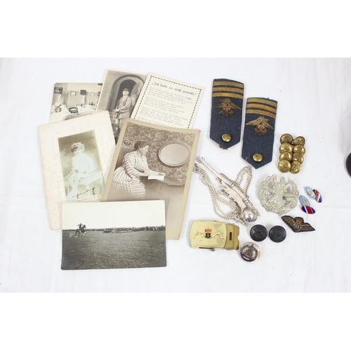 1404 - Qty of military related items to inc Bosun's whistle, RAF buttons and epaulettes, postcards and phot... 