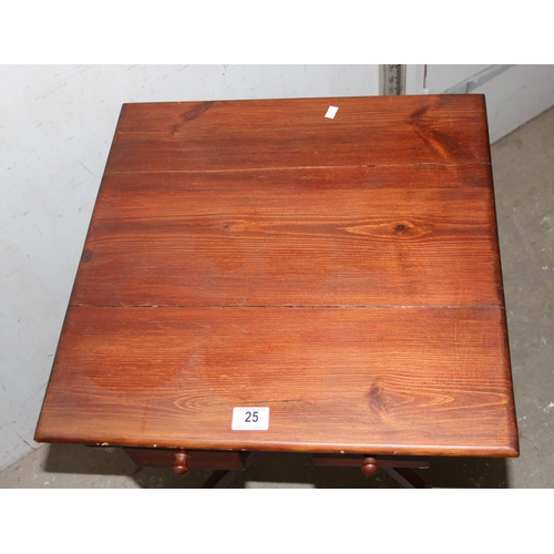 25 - A small vintage stained pine table with 2 drawers, possibly a sewing table, approx 51cm square