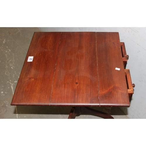 25 - A small vintage stained pine table with 2 drawers, possibly a sewing table, approx 51cm square