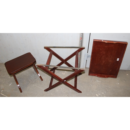 28 - A small vintage wooden stool and a butler's serving tray on stand (2)