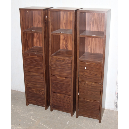 37 - 3 retro style slim bookcases, 2 recesses over 3 drawers, approx 150cm tall by 36cm wide each