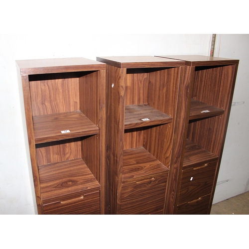 37 - 3 retro style slim bookcases, 2 recesses over 3 drawers, approx 150cm tall by 36cm wide each