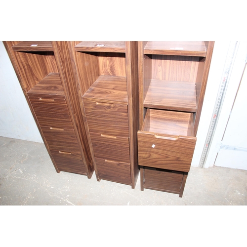 37 - 3 retro style slim bookcases, 2 recesses over 3 drawers, approx 150cm tall by 36cm wide each