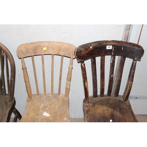 43 - 2 vintage farmhouse wheelback chairs, one with elm seat, an Elm spindle back chair and another vinta... 