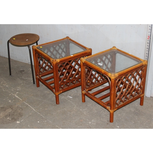 45 - A pair of retro bamboo side table with smoked glass tops, each approx 40cm square and a small retro ... 