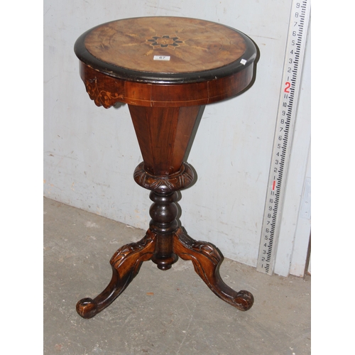 67 - A 19th century trumpet shaped sewing table with marquetry inlay, approx 48cm in diameter