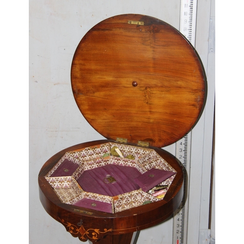 67 - A 19th century trumpet shaped sewing table with marquetry inlay, approx 48cm in diameter