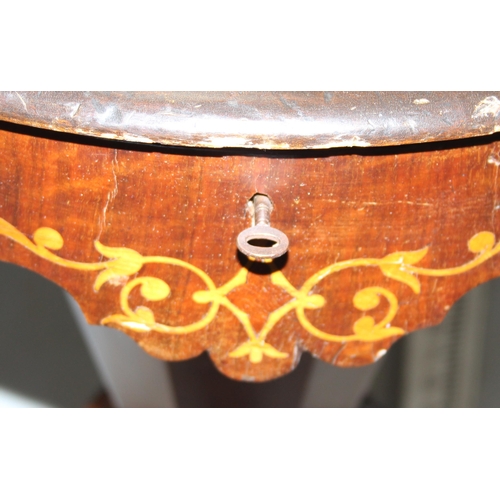 67 - A 19th century trumpet shaped sewing table with marquetry inlay, approx 48cm in diameter