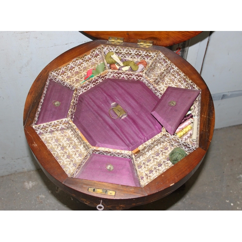 67 - A 19th century trumpet shaped sewing table with marquetry inlay, approx 48cm in diameter