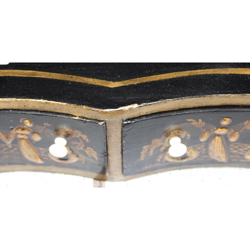 72 - A Regency period black japanned shelf with 5 small drawers and musical themed fretwork ends, approx ... 