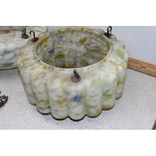 253 - 2 Art Deco period speckled glass hanging light fittings