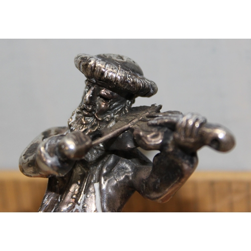 1049 - Vintage XRF tested silver filled sculpture of a musician figure on unpolished rose marble base, appr... 