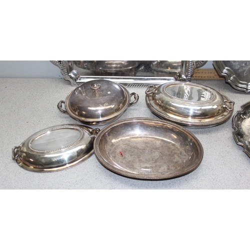 1050 - A large qty of antique and later silver plated to inc Elkington & Co serving dishes, Walker & Hall e... 