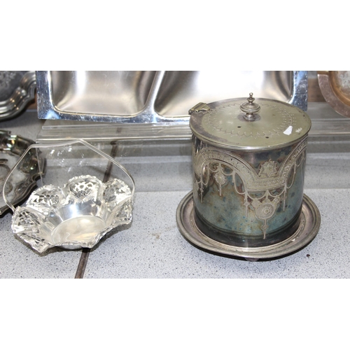 1050 - A large qty of antique and later silver plated to inc Elkington & Co serving dishes, Walker & Hall e... 