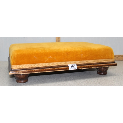 108 - A 19th century mahogany footstool with stuffed gold upholstered top, approx 50cm wide