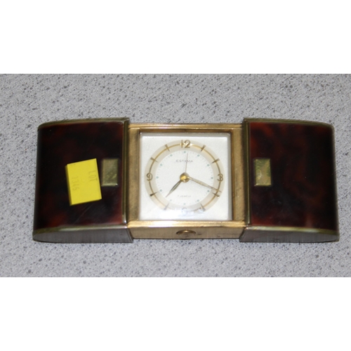 1346 - Reproduction Portico quartz mantle clock and an 1930’s Estyma Art Deco brass cased Swiss movement to... 