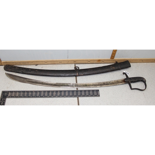 1419 - A 1796 pattern cavalry sabre sword and sheath, blade with partial marks, approx 100cm long in total