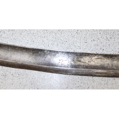 1419 - A 1796 pattern cavalry sabre sword and sheath, blade with partial marks, approx 100cm long in total