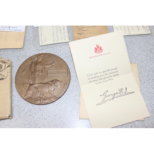 1426 - WW1 medal trio and death plaque to 21096 Pte  R. Bedwell Wiltshire Regiment, complete with a large q... 