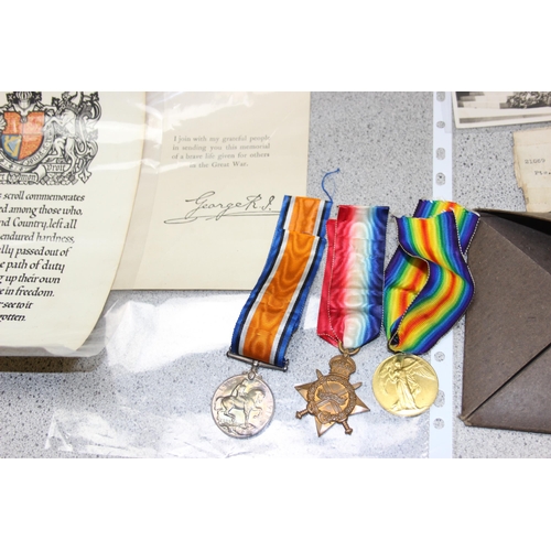 1426 - WW1 medal trio and death plaque to 21096 Pte  R. Bedwell Wiltshire Regiment, complete with a large q... 