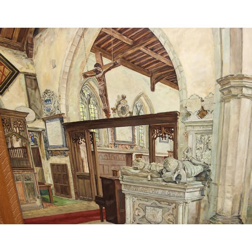 381 - Alfred Hawkins Palmer (1905-1984) oil on board of a church interior mounted and signed with his unus... 