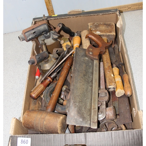 860 - Box of assorted vintage tools to inc 2 brass blow lamps