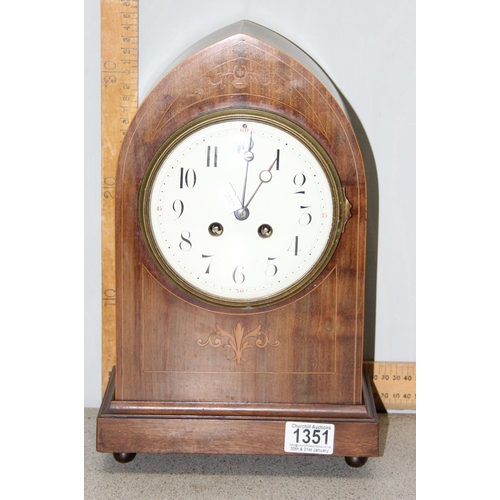 1351 - An Edwardian mantel clock with Sheraton revival case, enamel face with Arabic numerals, French mecha... 