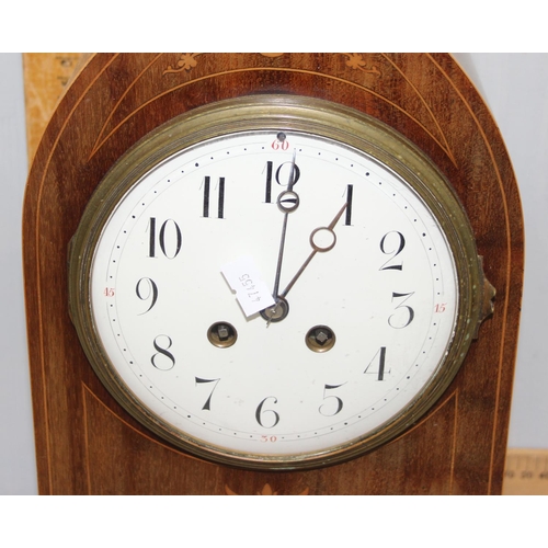 1351 - An Edwardian mantel clock with Sheraton revival case, enamel face with Arabic numerals, French mecha... 