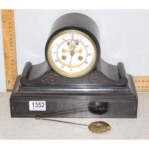 1352 - A 19th century slate cased mantel clock with visible escapement, French movement with pendulum, gilt... 