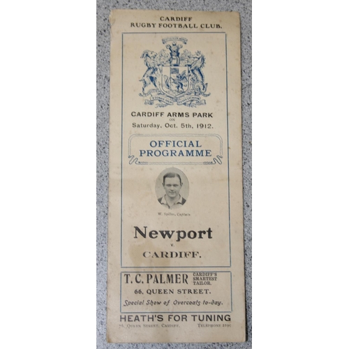 764 - A rare 5th October 1912 rugby programme, Newport vs Cardiff at Cardiff Arms Park