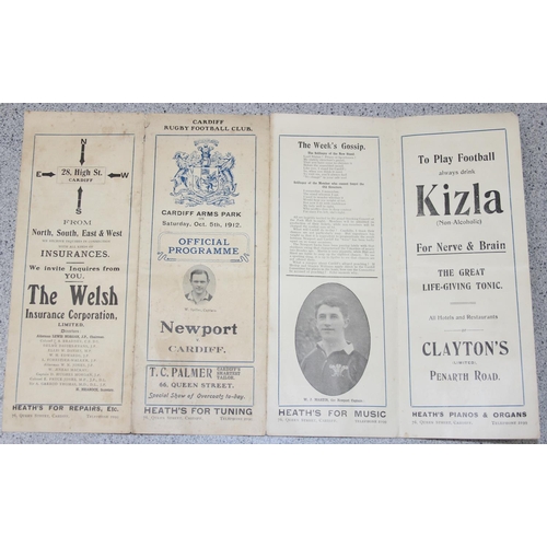 764 - A rare 5th October 1912 rugby programme, Newport vs Cardiff at Cardiff Arms Park