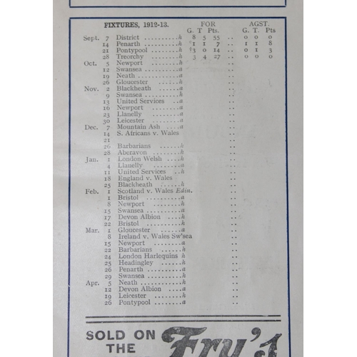 764 - A rare 5th October 1912 rugby programme, Newport vs Cardiff at Cardiff Arms Park