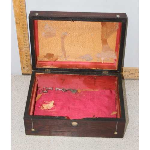 267 - An antique rosewood box and various hand painted fabric items