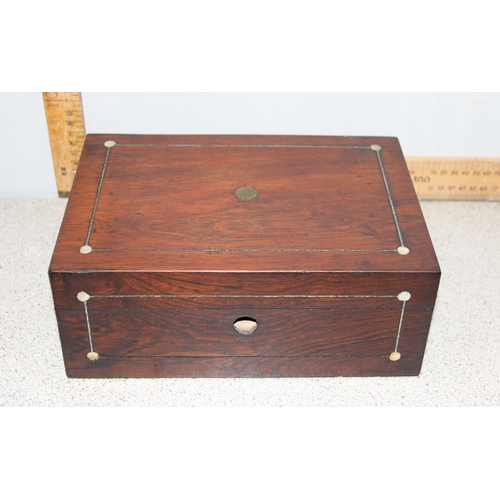 267 - An antique rosewood box and various hand painted fabric items