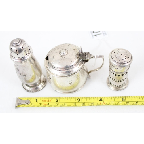 1024 - A silver 3 cruet items, a mustard pot and 2 pepperettes, various dates and makers, approx 90.31g gro... 